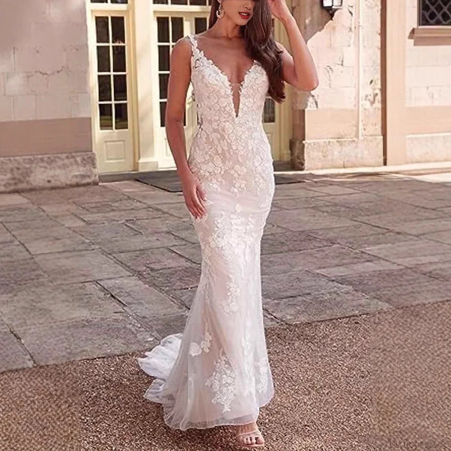 V-Neck Lace Mermaid Bridal Wedding Dress image 1
