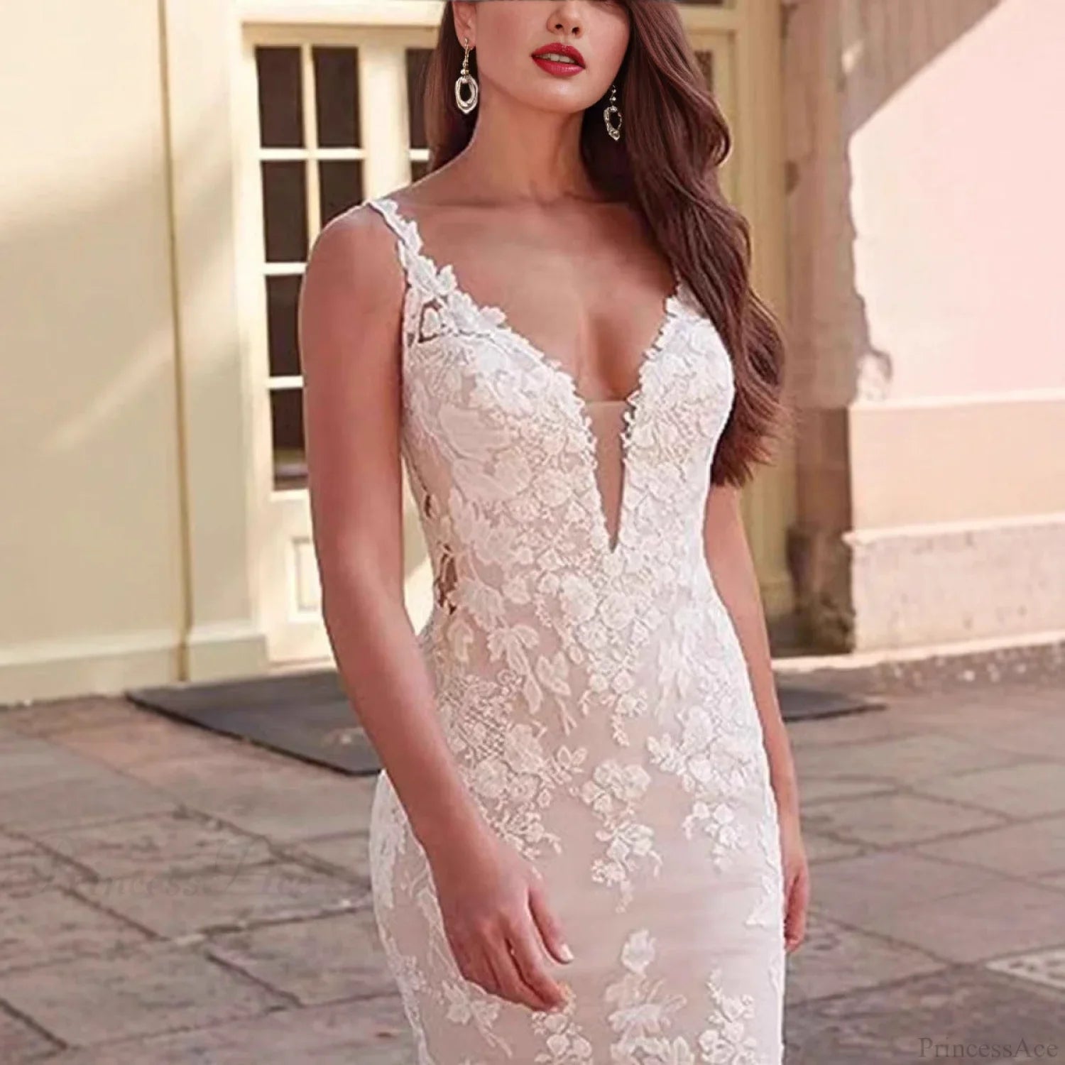 V-Neck Lace Mermaid Bridal Wedding Dress image 3