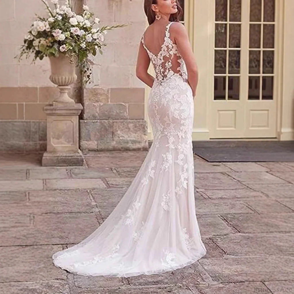 V-Neck Lace Mermaid Bridal Wedding Dress image 2