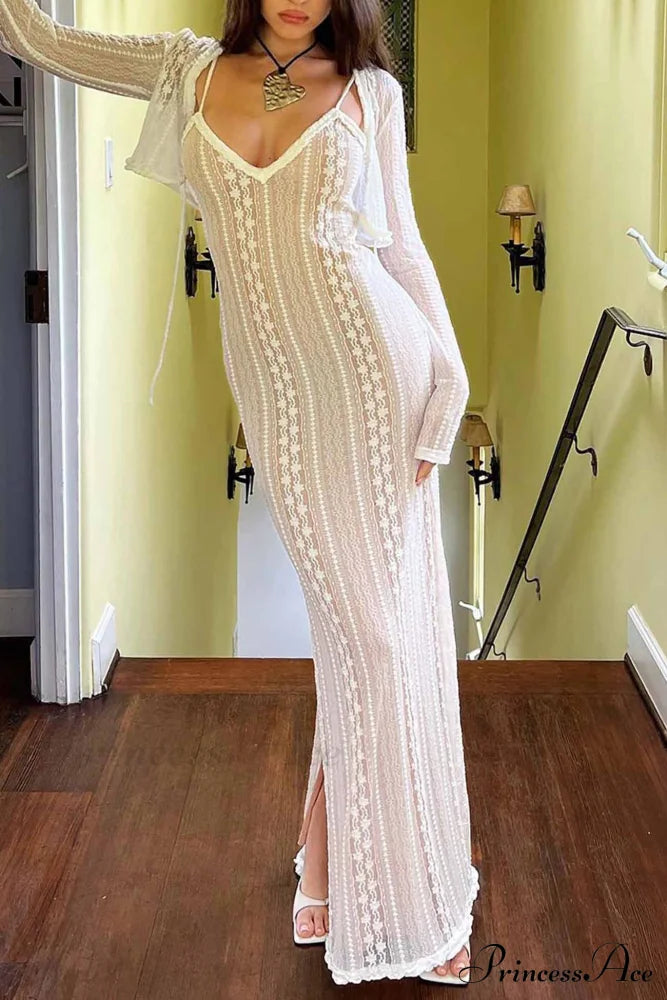 V Neck Lace Two-Piece Dress with Slit image 3