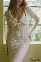 V Neck Lace Two-Piece Dress with Slit image 2