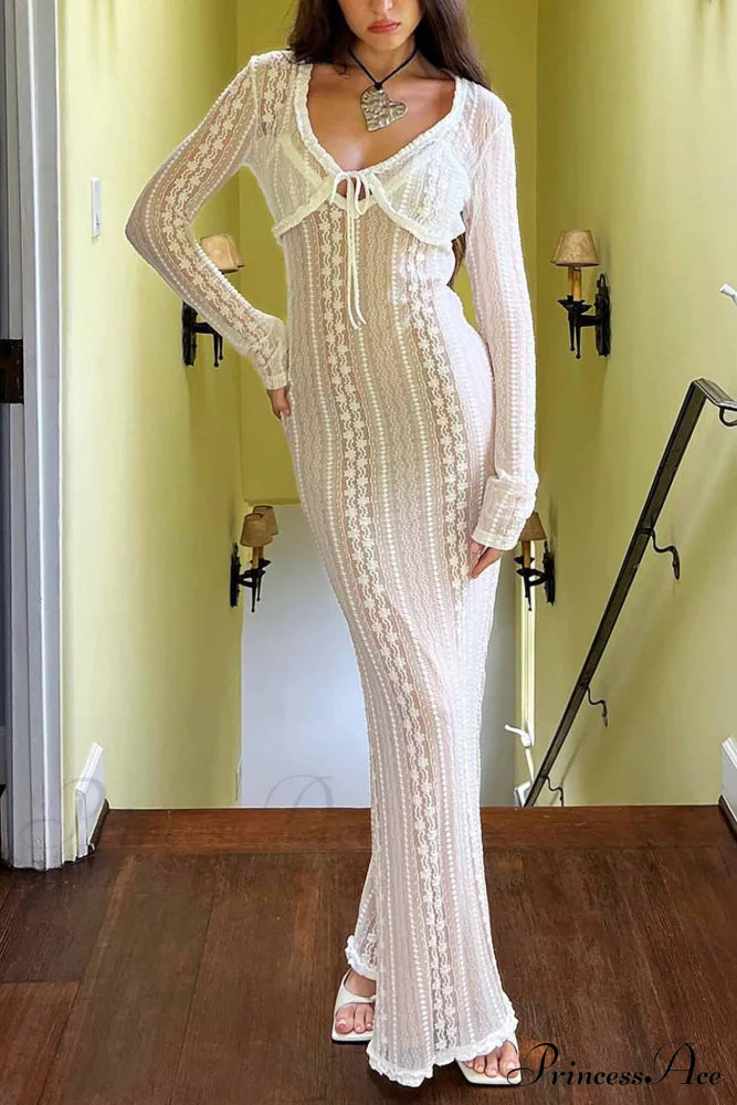V Neck Lace Two-Piece Dress with Slit image 1