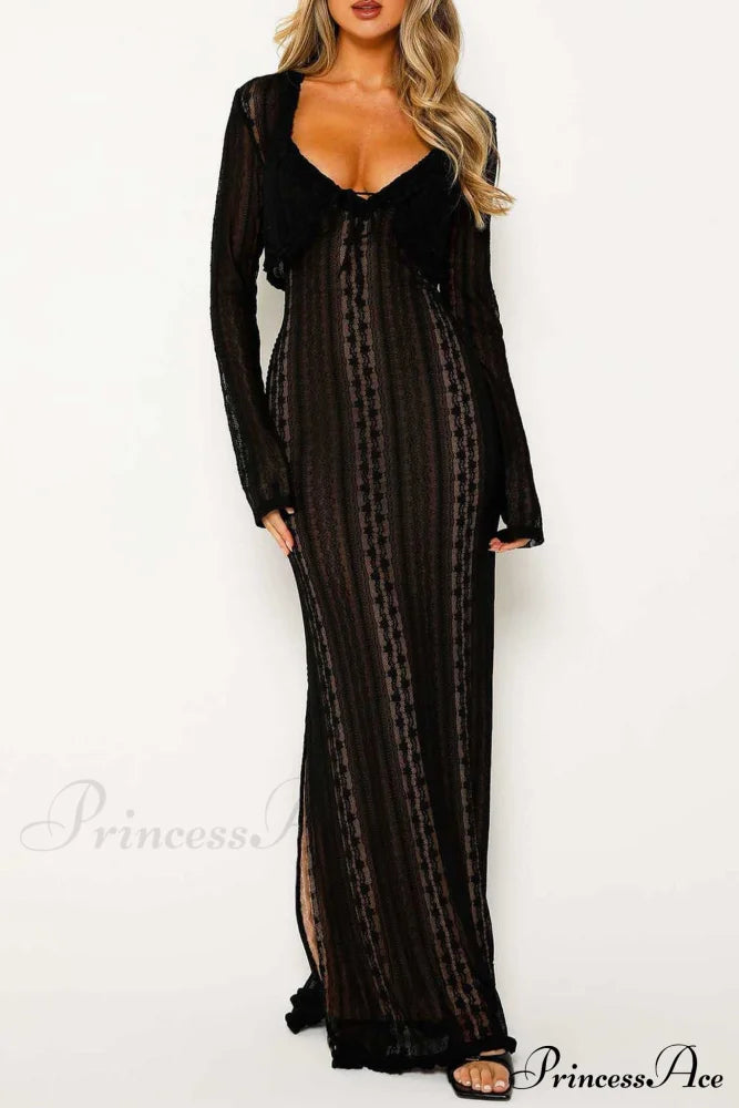 V Neck Lace Two-Piece Dress with Slit image 10