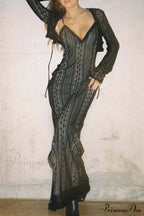 V Neck Lace Two-Piece Dress with Slit image 8