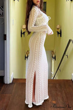 V Neck Lace Two-Piece Dress with Slit image 4