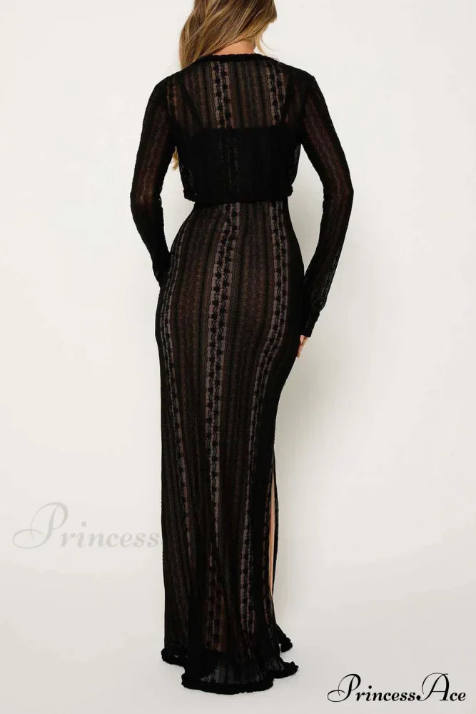 V Neck Lace Two-Piece Dress with Slit image 12