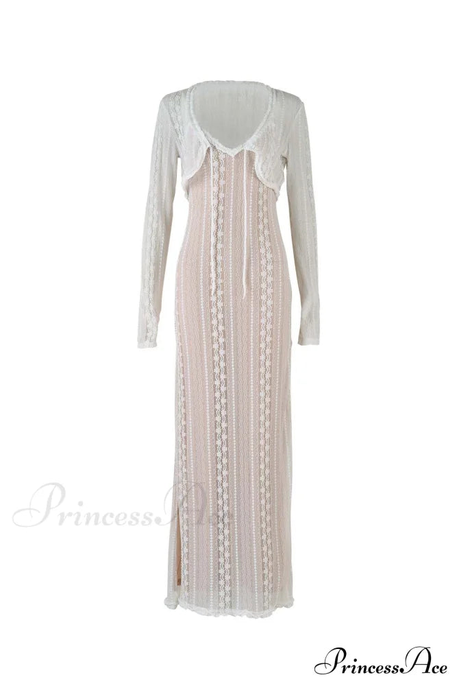 V Neck Lace Two-Piece Dress with Slit image 5