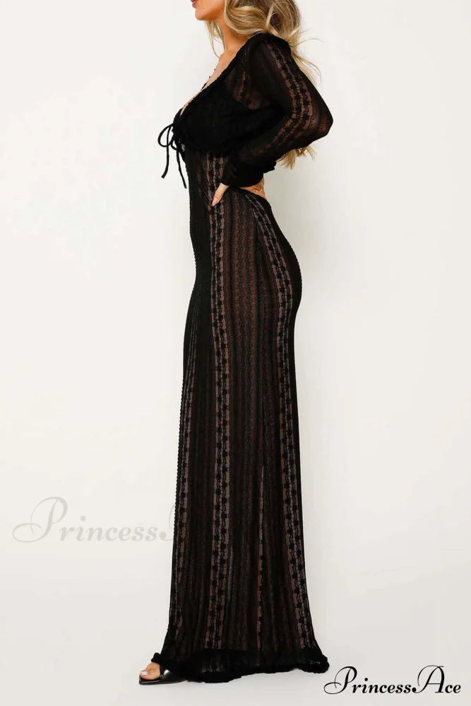 V Neck Lace Two-Piece Dress with Slit image 11