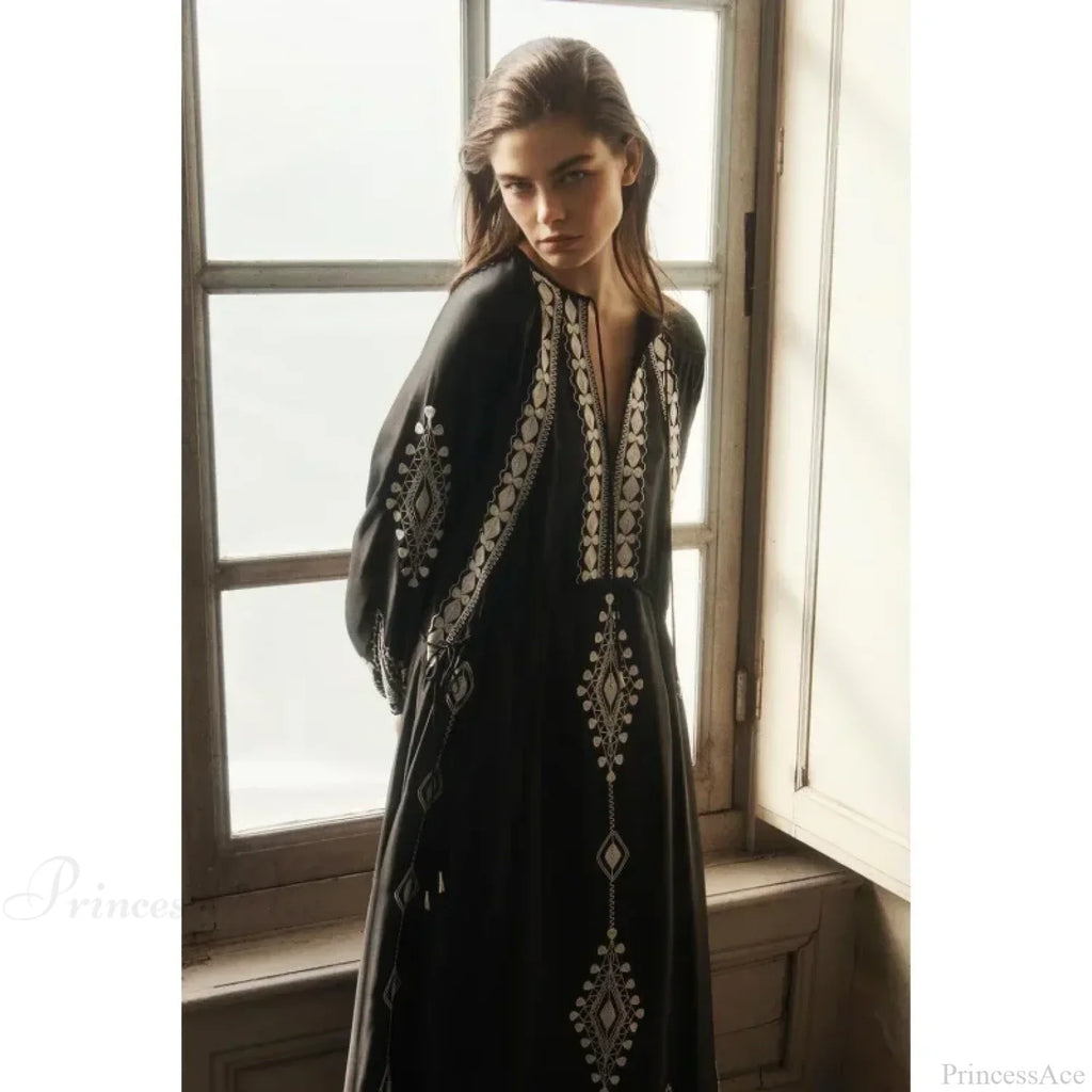 V-neck Lantern Sleeve Free Style Cotton Boho Dress image 1