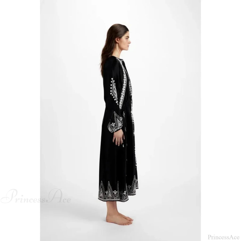 V-neck Lantern Sleeve Free Style Cotton Boho Dress image 4