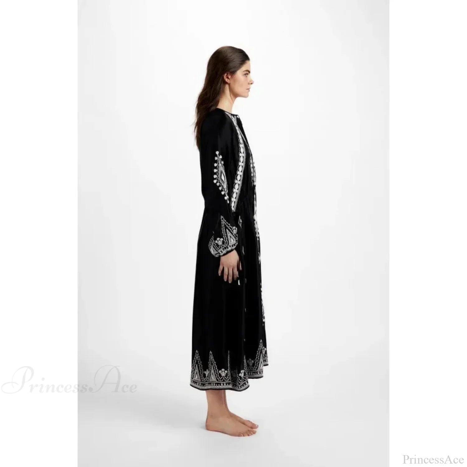 V-neck Lantern Sleeve Free Style Cotton Boho Dress image 4