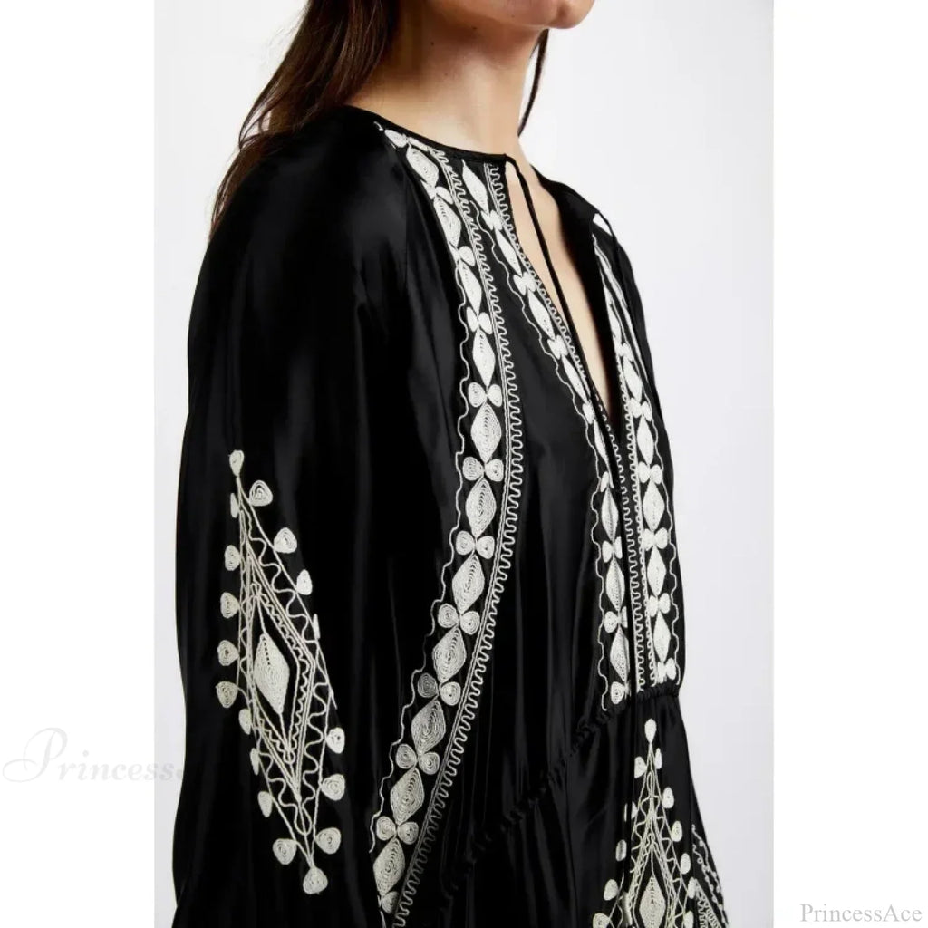 V-neck Lantern Sleeve Free Style Cotton Boho Dress image 2