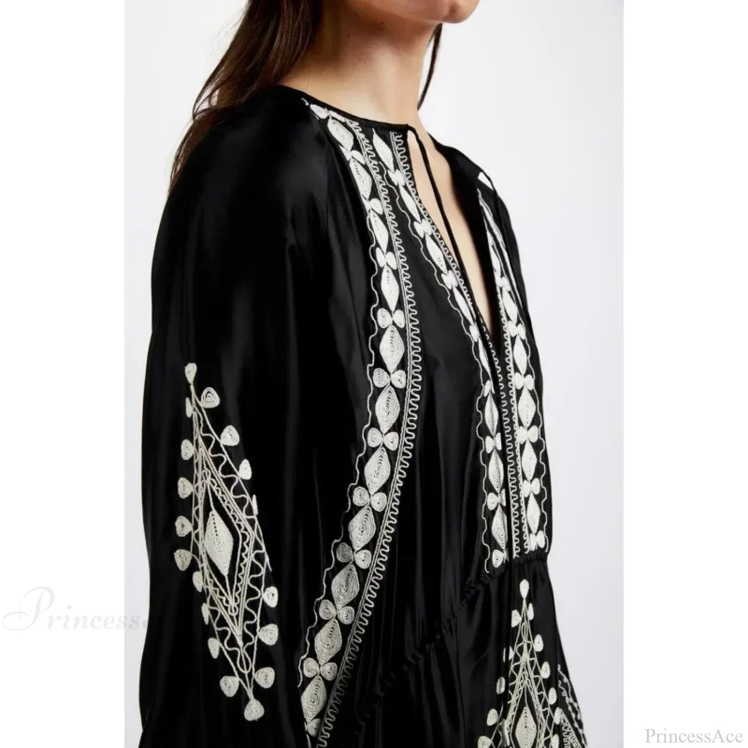 V-neck Lantern Sleeve Free Style Cotton Boho Dress image 2