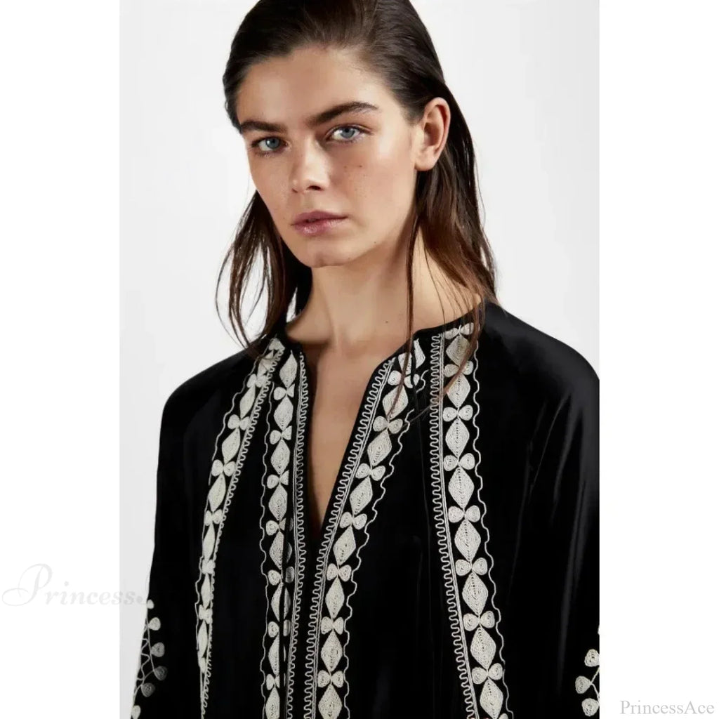 V-neck Lantern Sleeve Free Style Cotton Boho Dress image 3