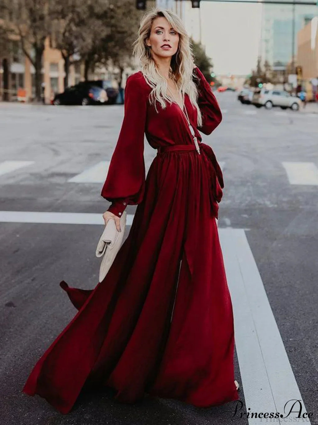 V-neck Long Sleeves Belted Maxi Dress image 2