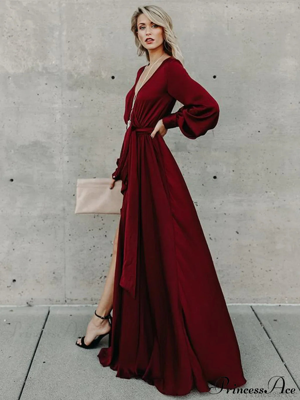 V-neck Long Sleeves Belted Maxi Dress image 3