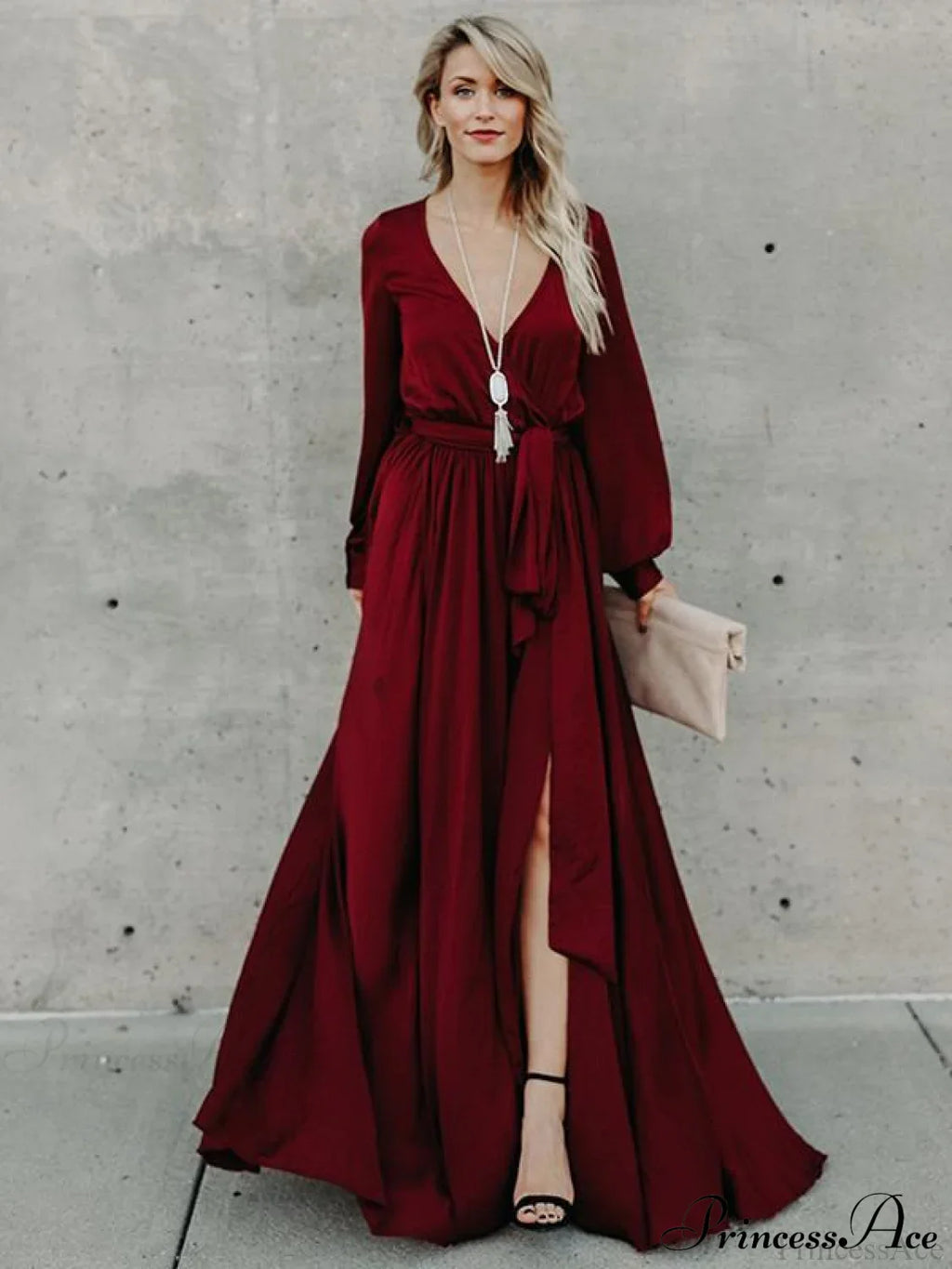 V-neck Long Sleeves Belted Maxi Dress image 1