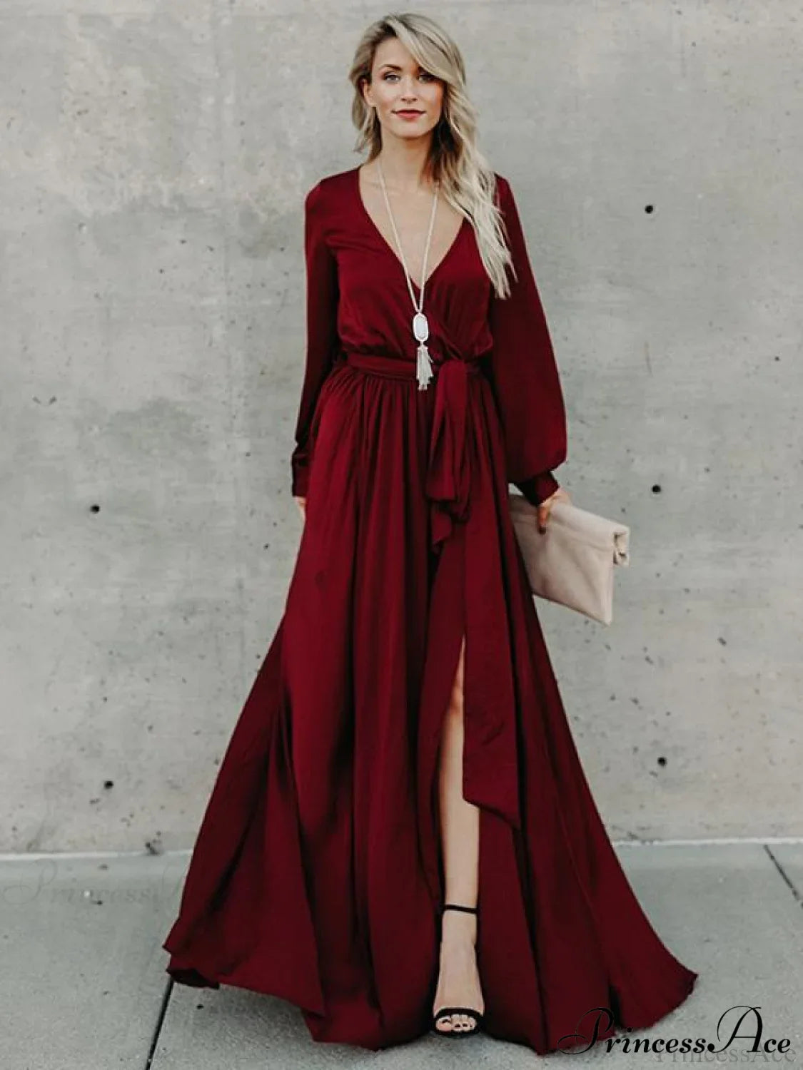 V-neck Long Sleeves Belted Maxi Dress image 1
