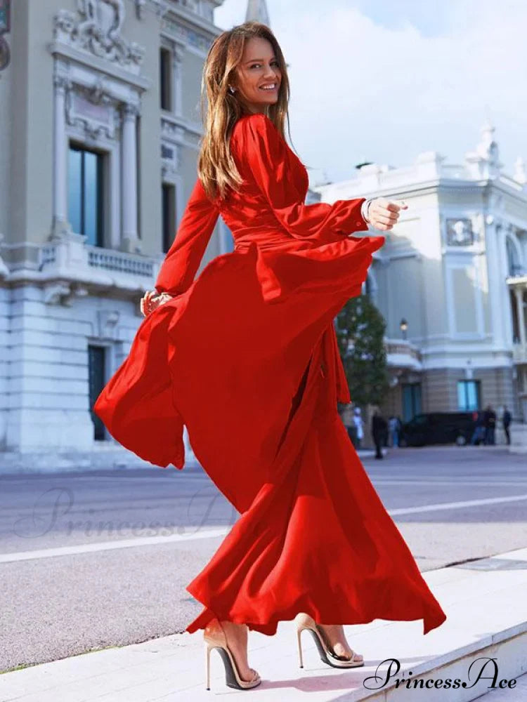 V-neck Long Sleeves Solid Color Belted Maxi Evening Dress image 4
