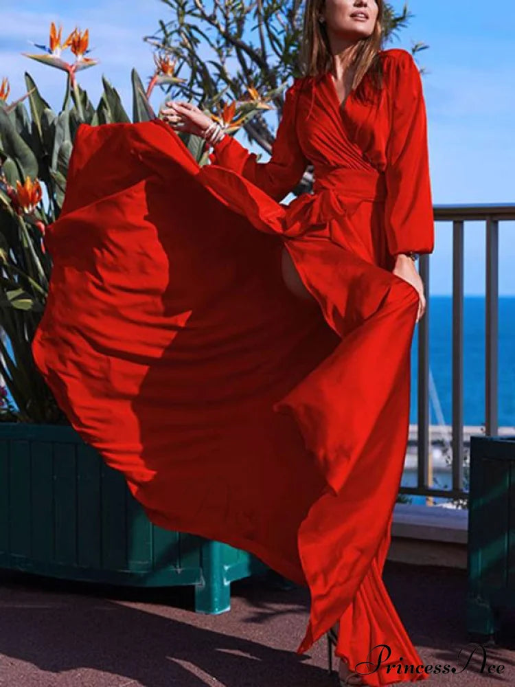 V-neck Long Sleeves Solid Color Belted Maxi Evening Dress image 1