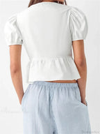 V-neck Open Front Tie-up Short Sleeve Blouse image 3