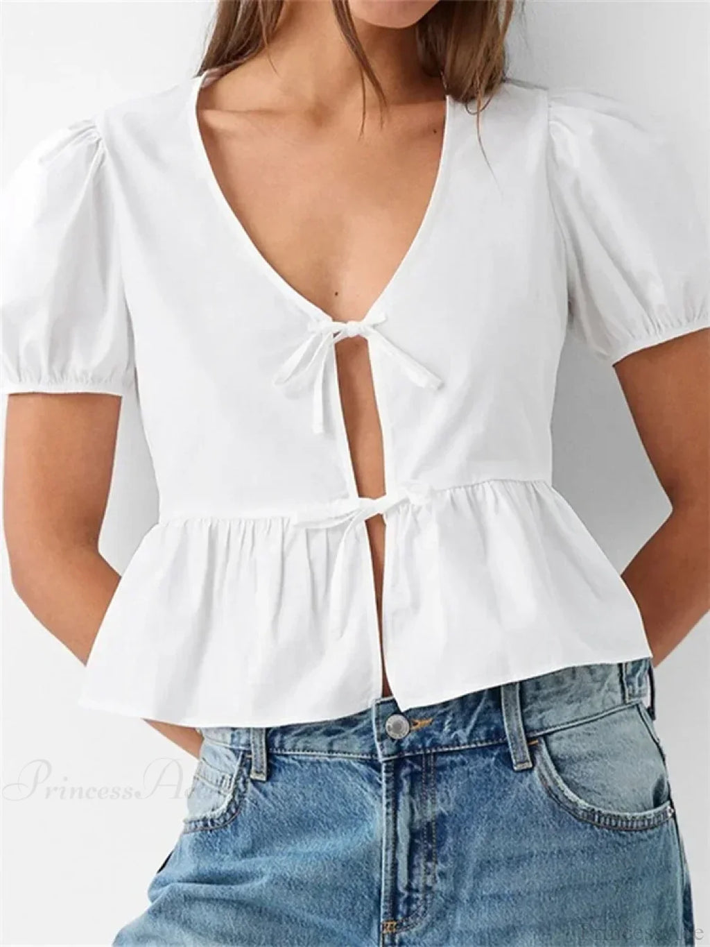 V-neck Open Front Tie-up Short Sleeve Blouse image 4