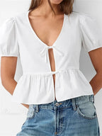V-neck Open Front Tie-up Short Sleeve Blouse image 4