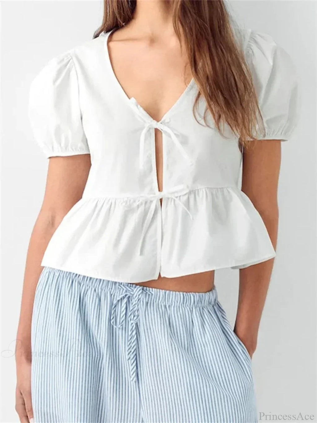 V-neck Open Front Tie-up Short Sleeve Blouse image 1