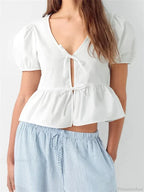 V-neck Open Front Tie-up Short Sleeve Blouse image 1