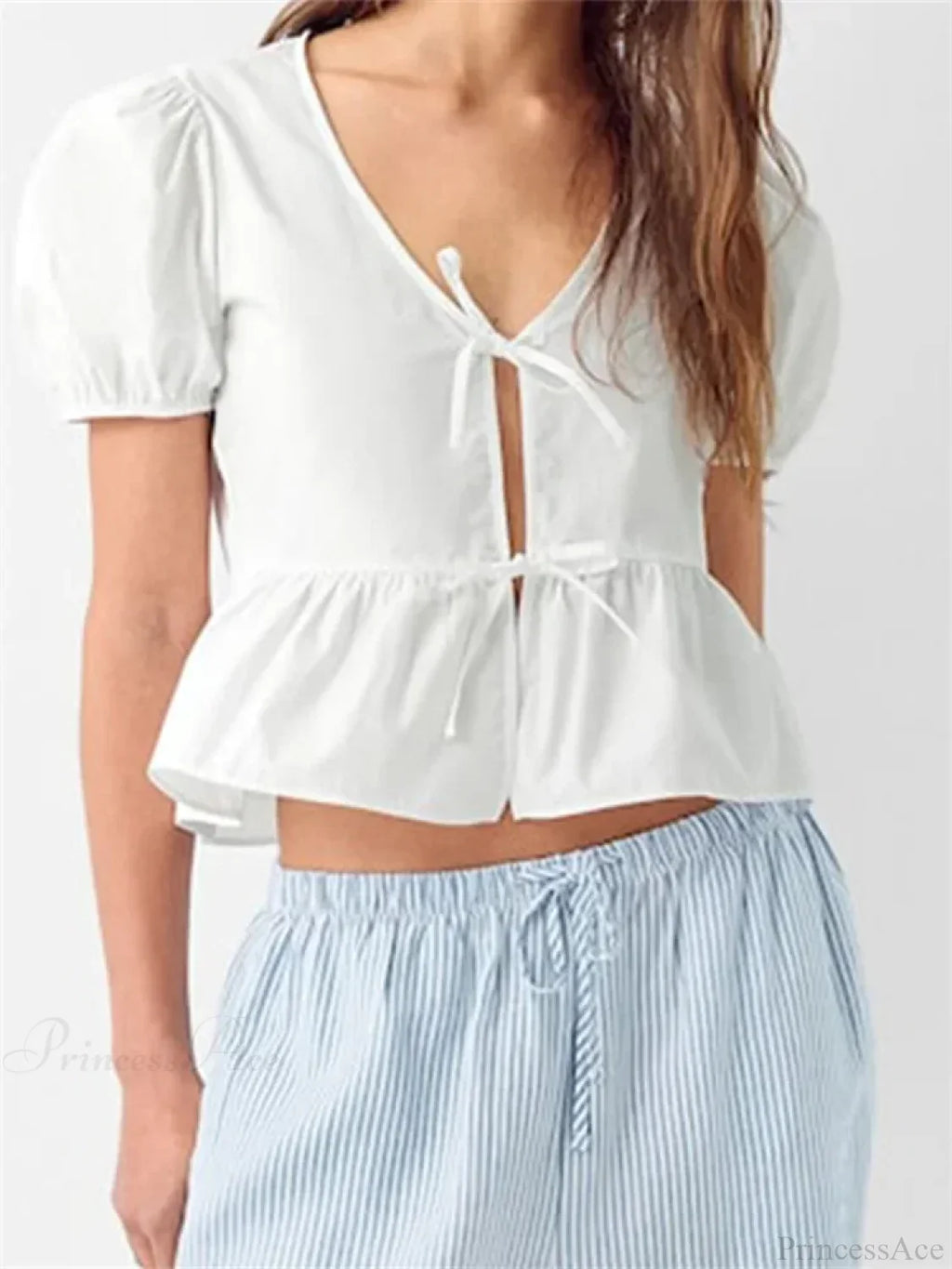 V-neck Open Front Tie-up Short Sleeve Blouse image 2