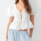 V-neck Open Front Tie-up Short Sleeve Blouse image 5