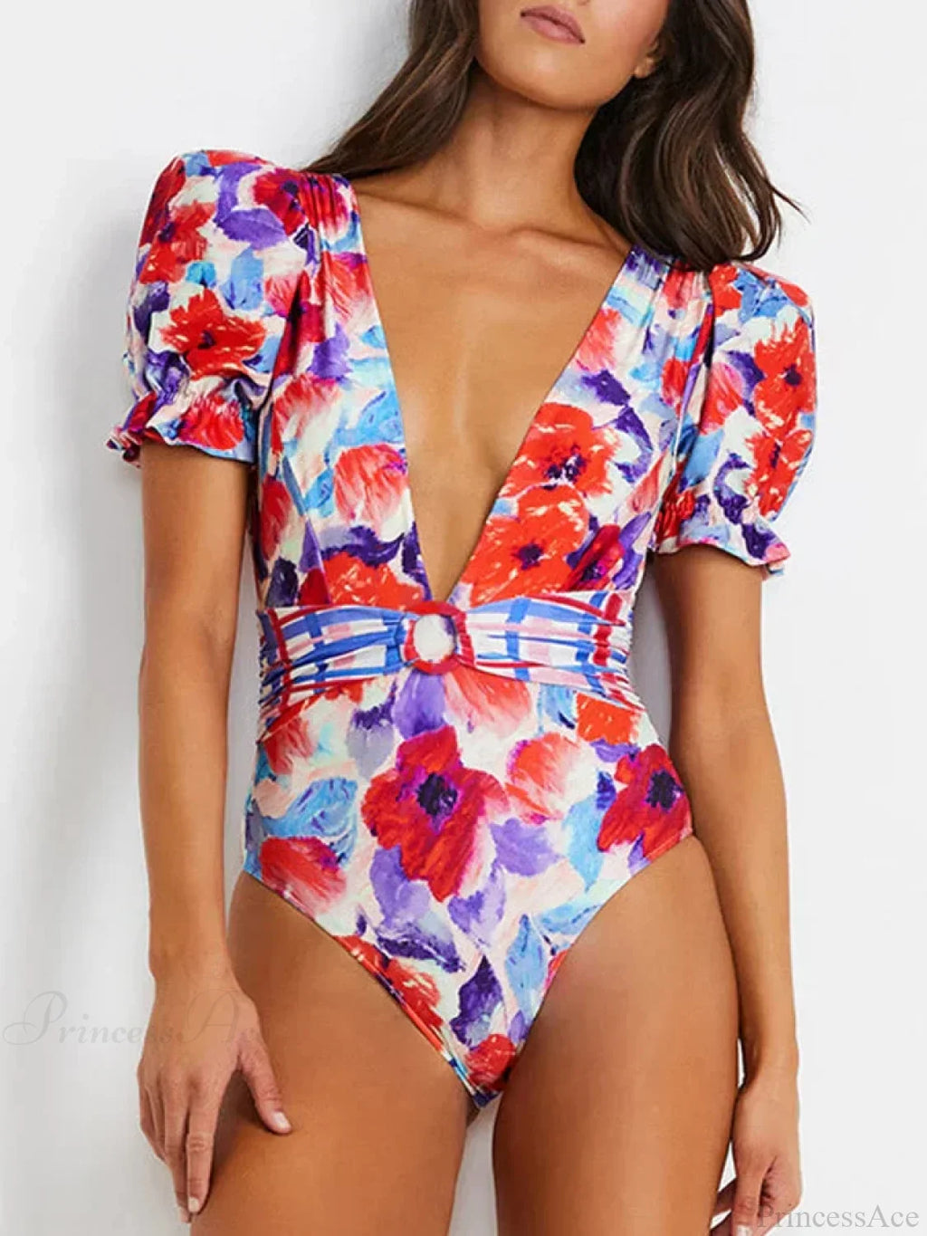 V-neck Printed Bubble Sleeve Swimsuit One Piece image 3