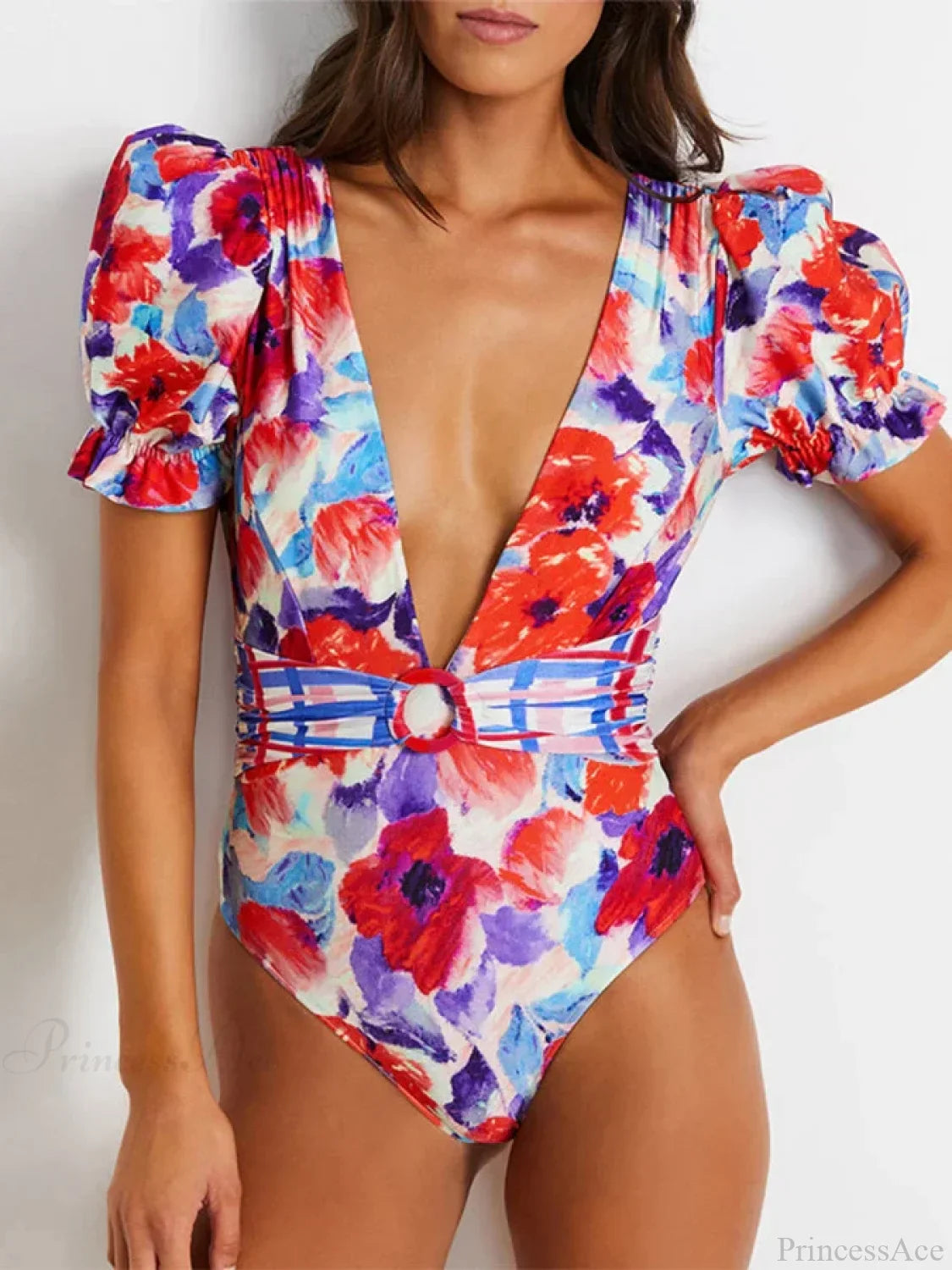 V-neck Printed Bubble Sleeve Swimsuit One Piece image 1