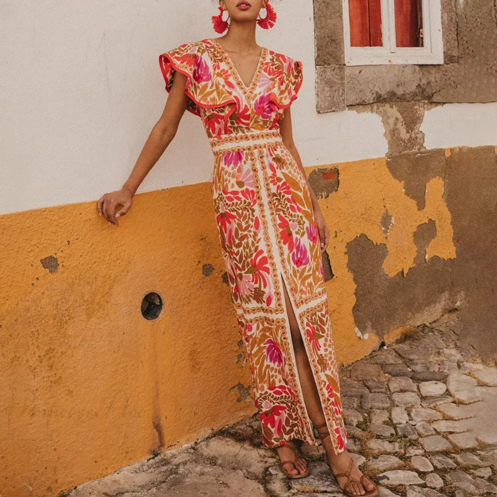 V Neck Retro Print Skirt Two Piece Set image 1