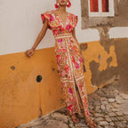 V Neck Retro Print Skirt Two Piece Set image 1