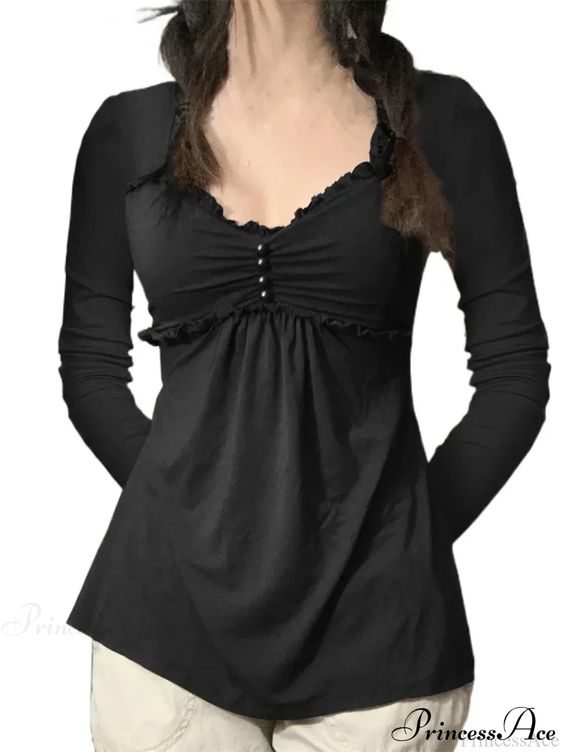V-neck Ruched Solid Color Vintage Ruched Buttons T-Shirts image 1
