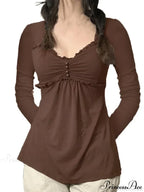 V-neck Ruched Solid Color Vintage Ruched Buttons T-Shirts image 6