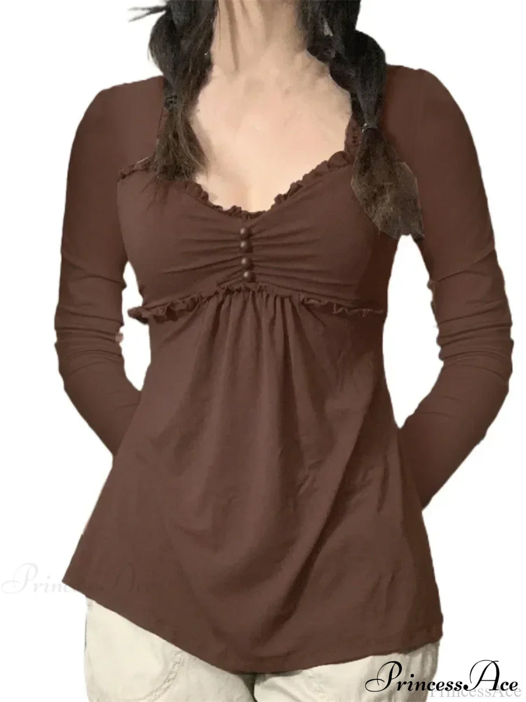 V-neck Ruched Solid Color Vintage Ruched Buttons T-Shirts image 8