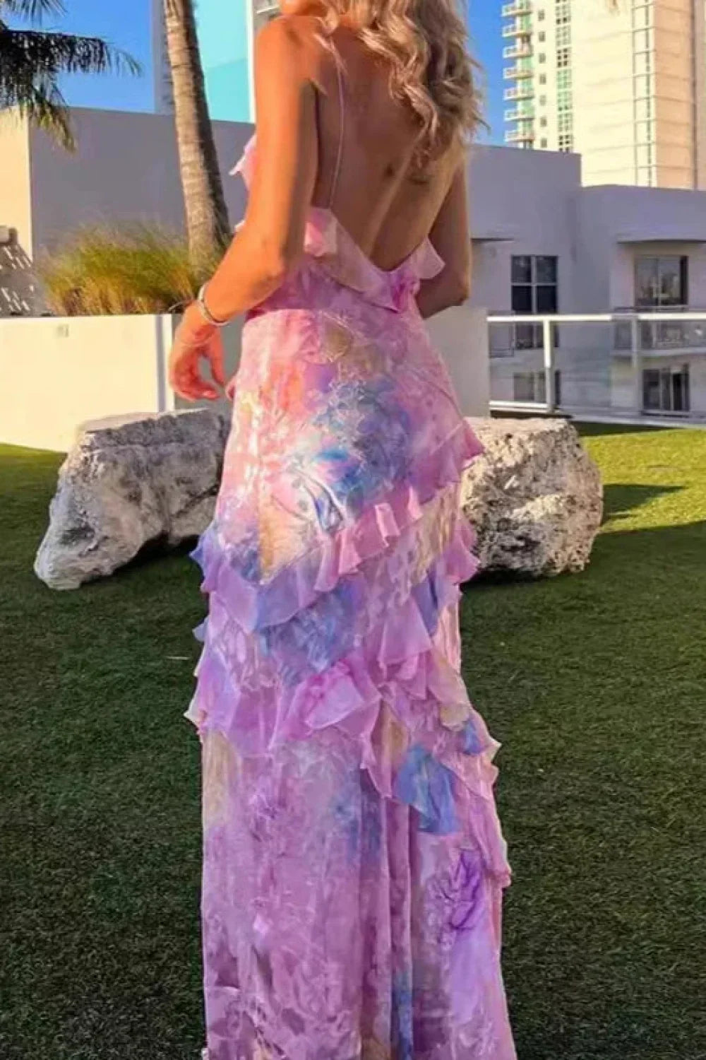 V Neck Ruffled Floral Print Vacation Dress image 4