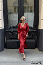 V Neck Satin Ruched Mermaid Maxi Dress image 3