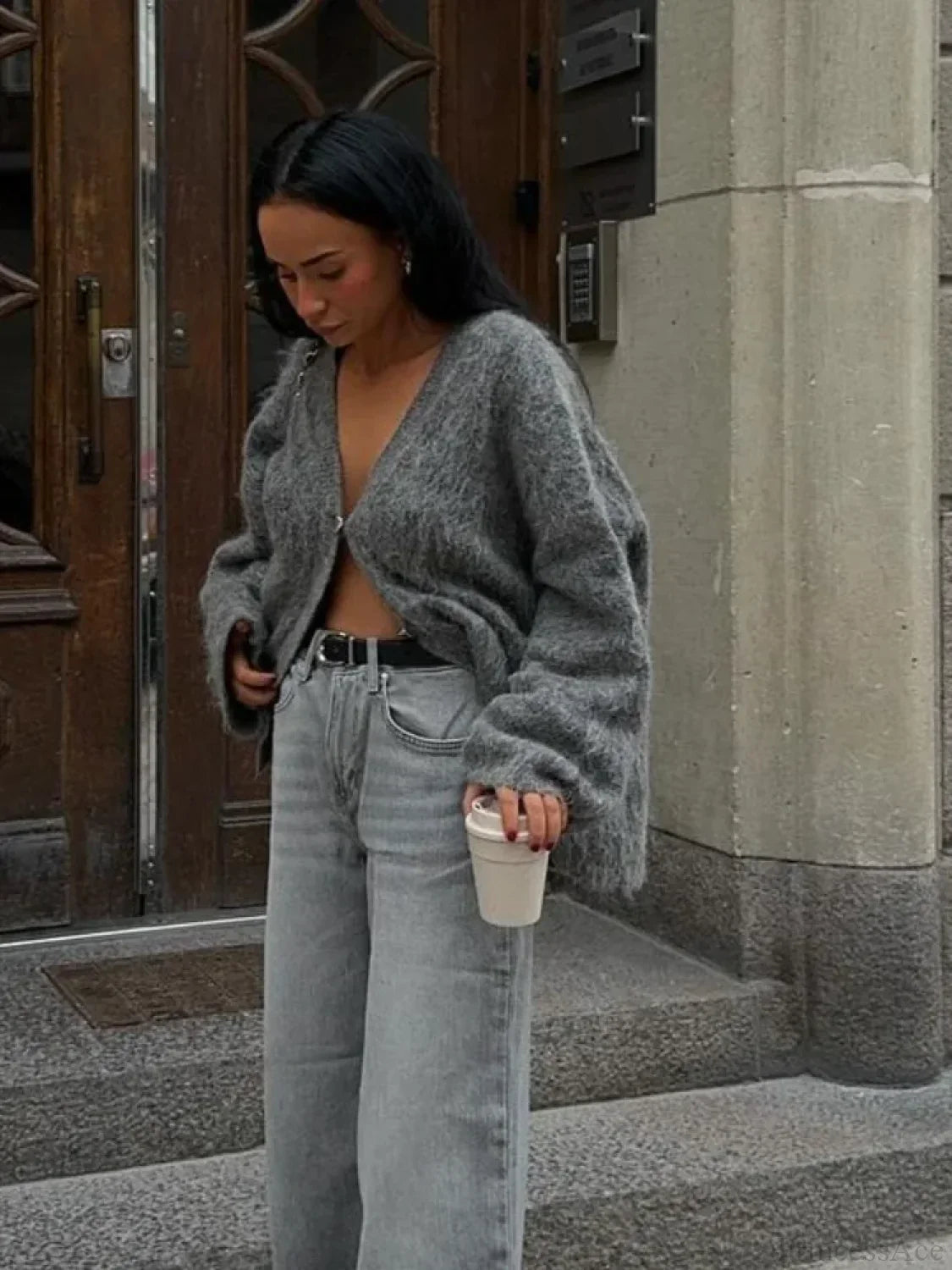 V-neck Single Breasted Loose Cardigan image 5