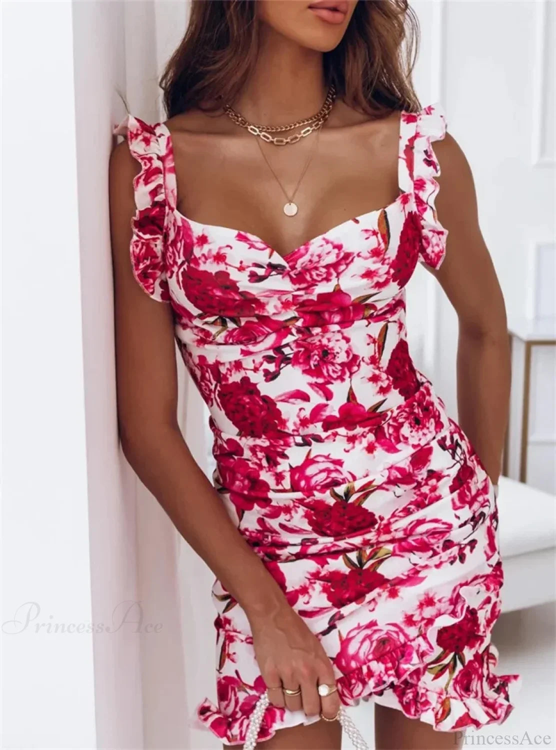 V-neck Sleeveless Ruffle Floral Printed Bodycon Floral Dress image 2