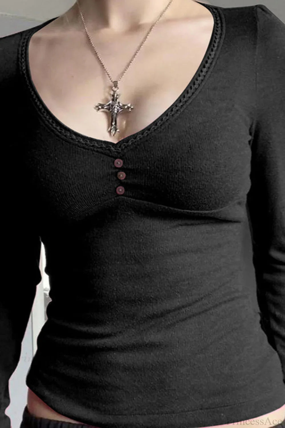 V-Neck Solid Fitted Long Sleeve Tee image 3