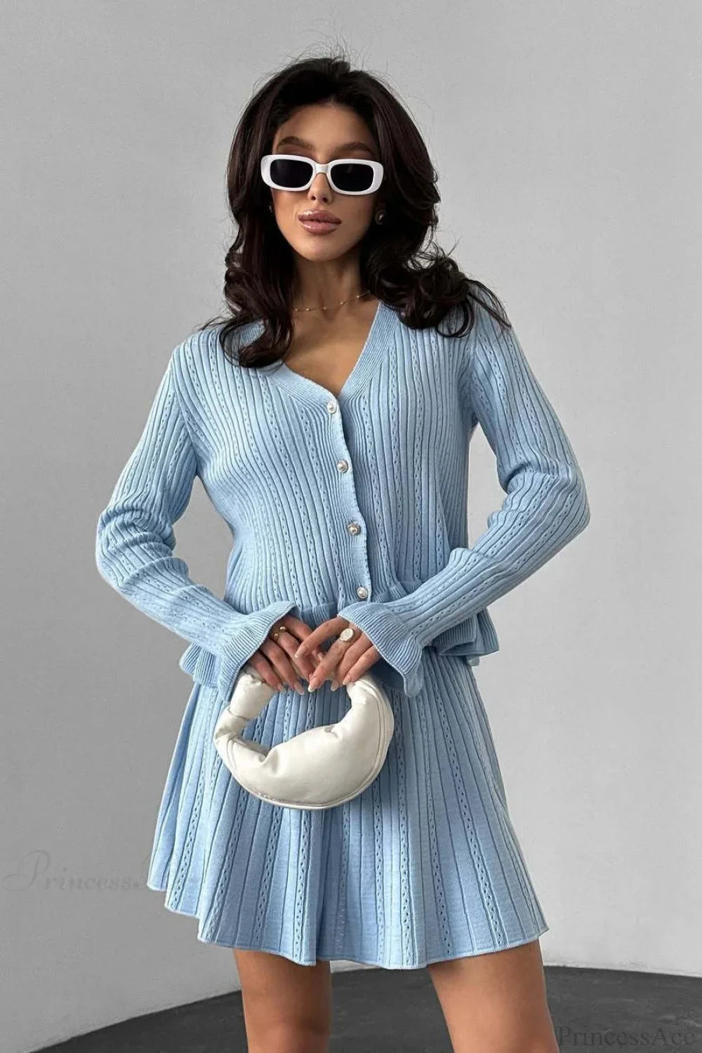 V-Neck Sparkle Ruffled Waist-Cinched Knit Chic Two Piece Set image 2