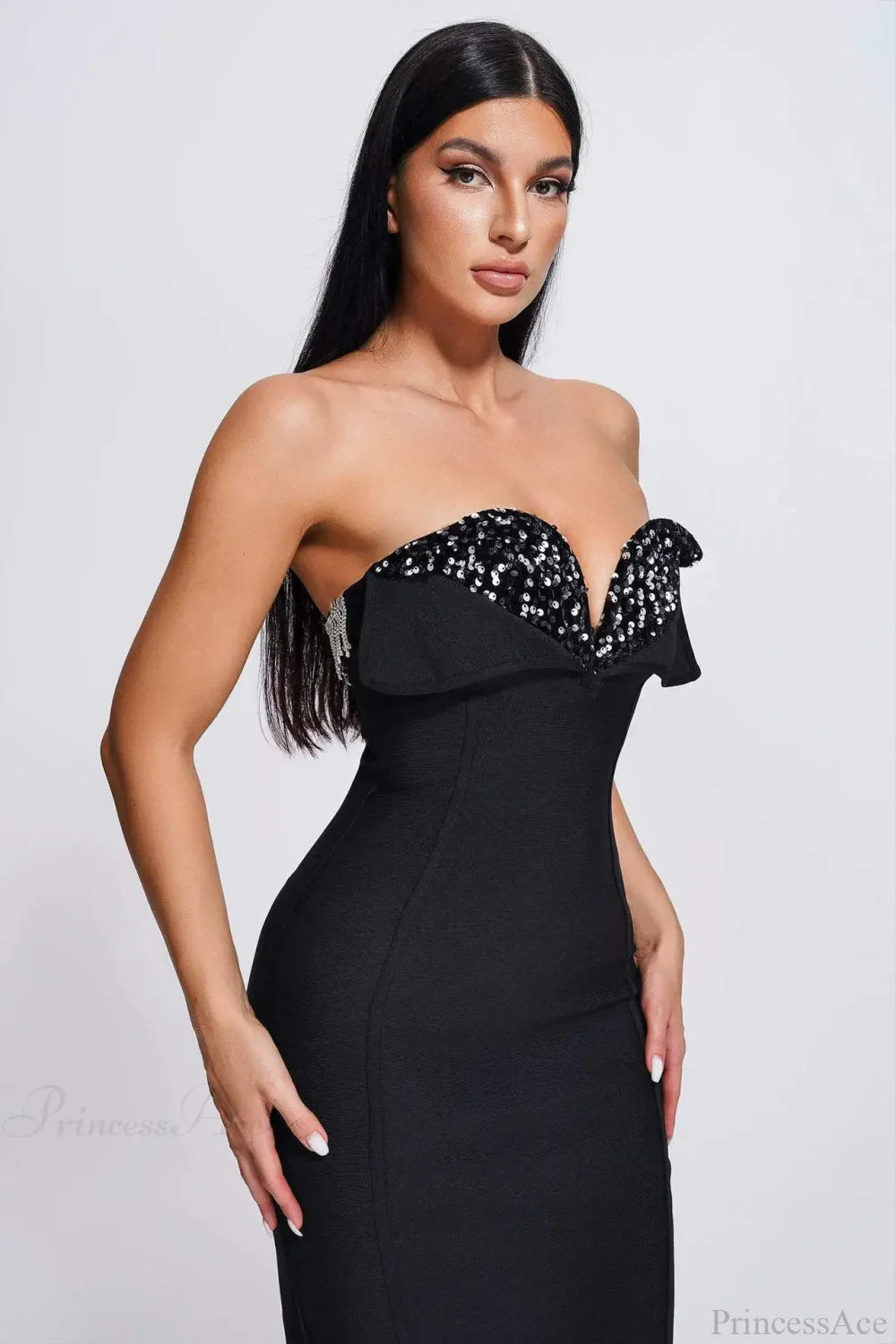 V-Neck Strapless Black Party Dress image 4