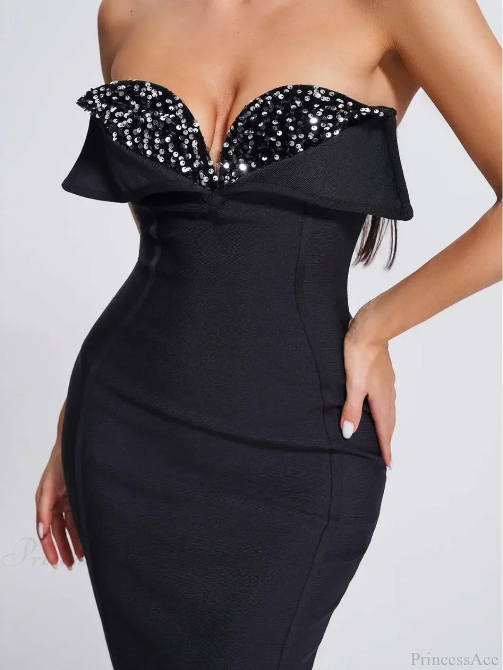 V-Neck Strapless Black Party Dress image 5