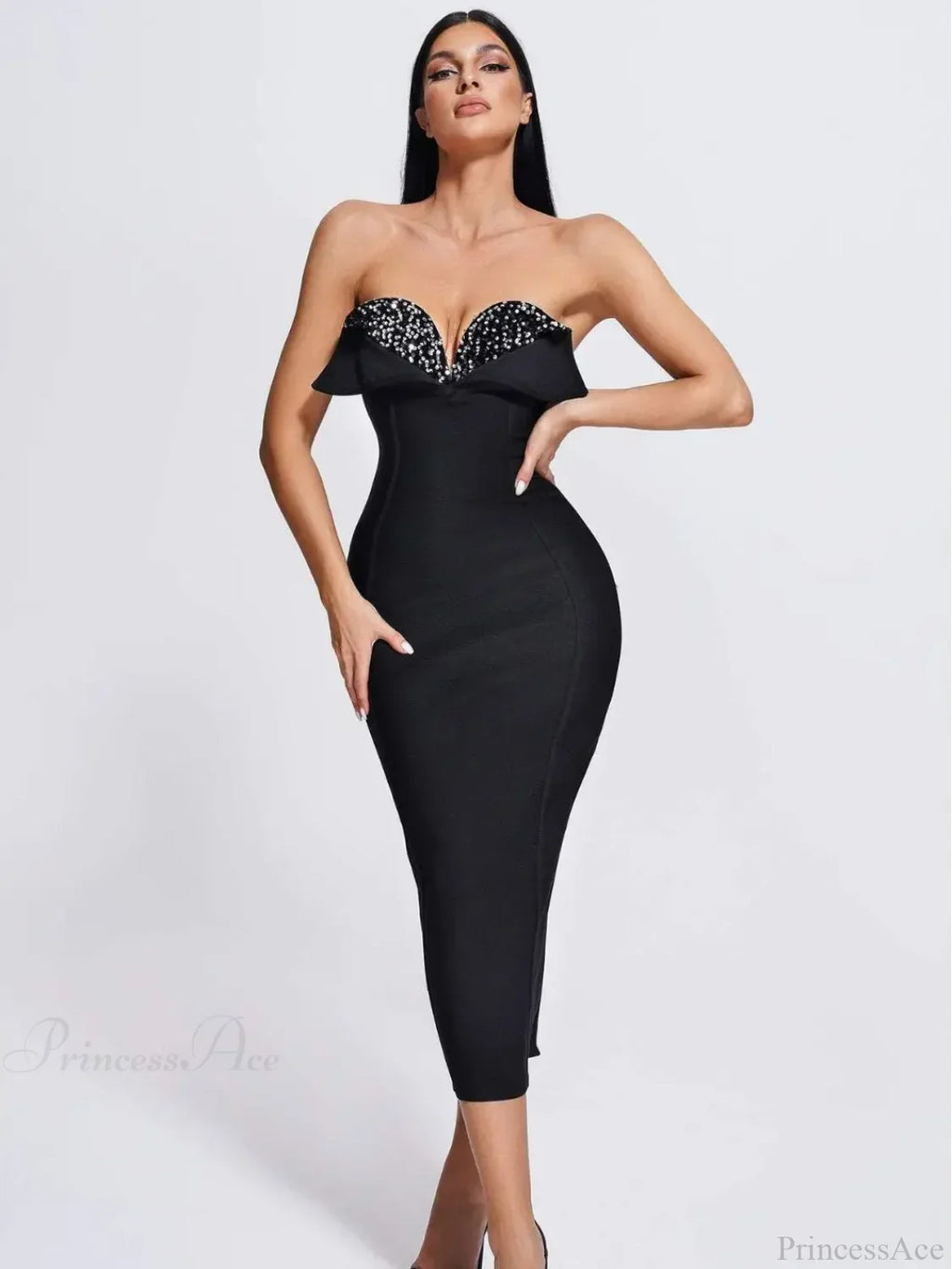 V-Neck Strapless Black Party Dress image 7