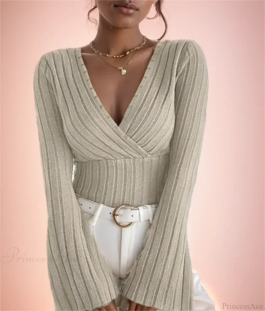 V-neck Striped Long Sleeve Knit Sweater image 3
