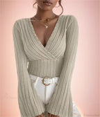 V-neck Striped Long Sleeve Knit Sweater image 3