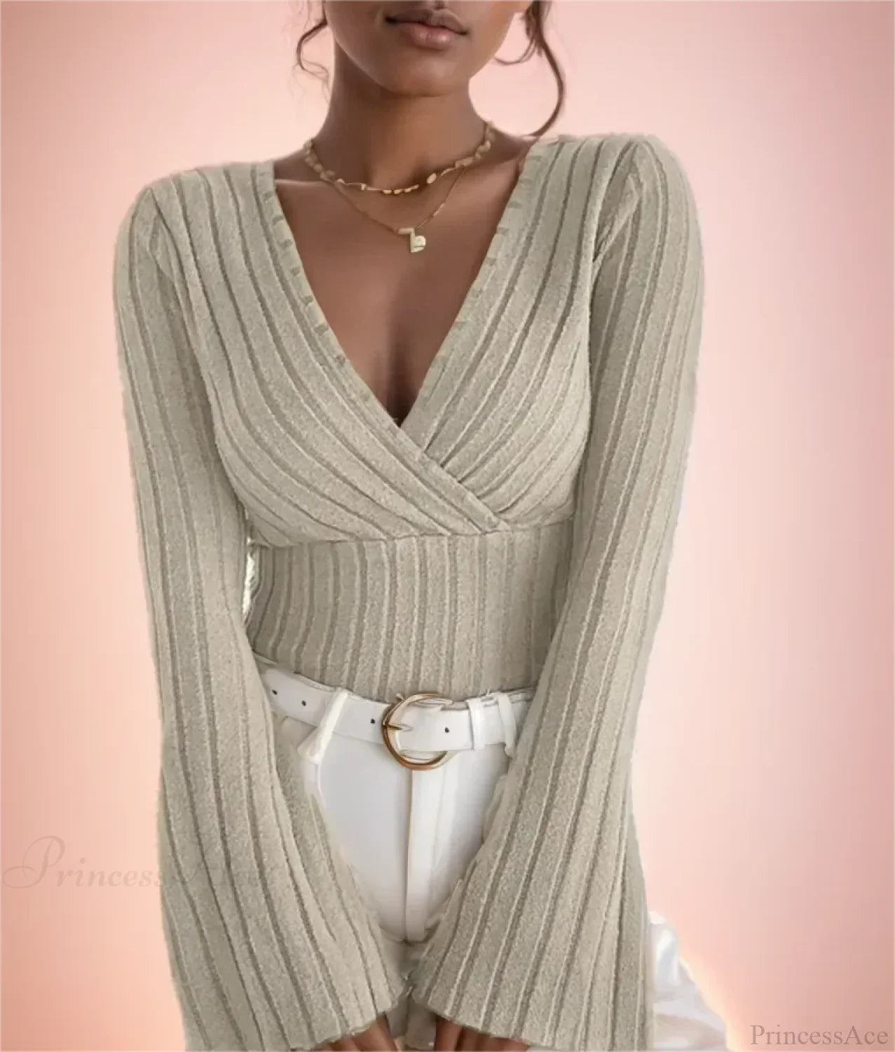 V-neck Striped Long Sleeve Knit Sweater image 3